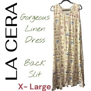 La Cera Cream Floral Linen Maxi Dress